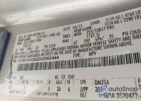 2013 Ford Escape Se from USA, damaged, VIN 1FMCU0G92DUD62444